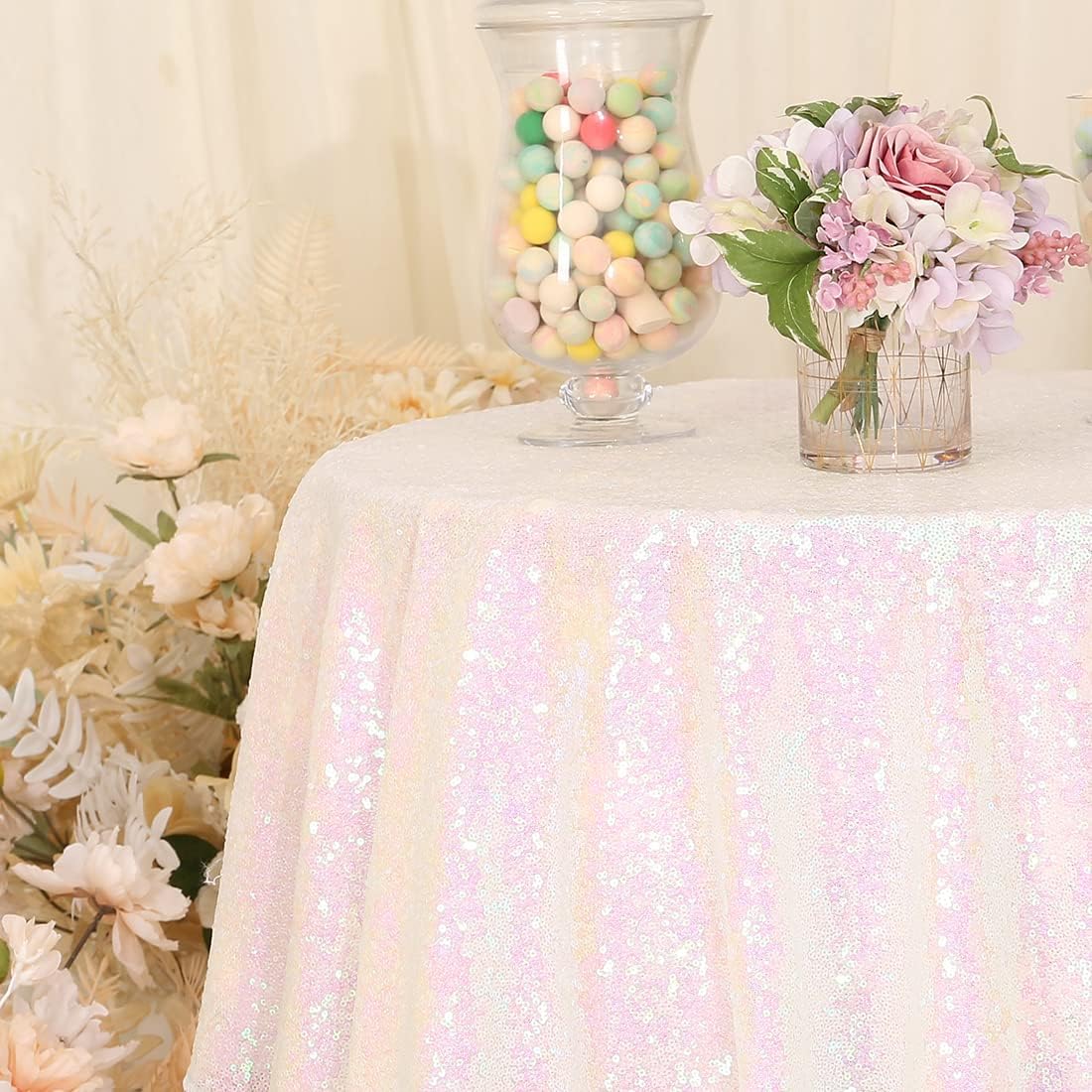 Partydelight Sequin Tablecloth Round 70'' Iridescent White Sparkle Rectangle Table Cloth For Wedding Birthday Party Sequin Overl